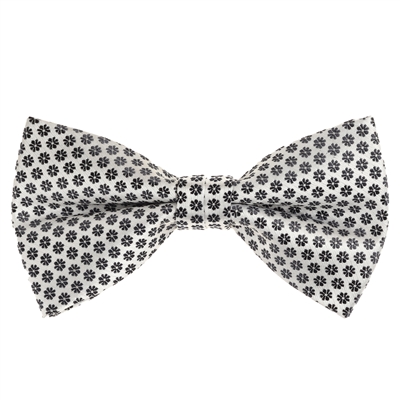Silver with Black Flower Designed Pre - Tied Bow Tie with Matching Pocket Square BWTH-944