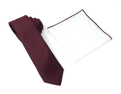 Burgundy Skinny Tie With A White Pocket Square With Burgundy Colored Trim CWSKT-140A