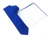 Corded Weave Solid Royal Blue Skinny Tie With A White Pocket Square With Royal Blue Colored Trim CWSKT-144A