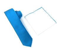 Corded Weave Solid Aqua Blue Skinny Tie With A White Pocket Square With Aqua Blue Colored Trim CWSKT-145A