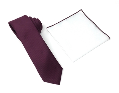 Corded Weave Solid Sangria Color Skinny Tie With A White Pocket Square With Sangria Colored Trim CWSKT-152A