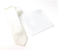 Corded Weave Solid Off White Color Skinny Tie With A White Pocket Square With Off White Colored Trim CWSKT-154A