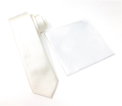 Corded Weave Solid Off White Color Skinny Tie With A White Pocket Square With Off White Colored Trim CWSKT-154A