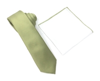 Corded Weave Solid Olive Green Color Skinny Tie With A White Pocket Square With Olive Green Colored Trim CWSKT-155A