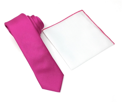 Corded Weave Solid Red Violet Color Skinny Tie With A White Pocket Square With Red Violet Colored Trim CWSKT-157A