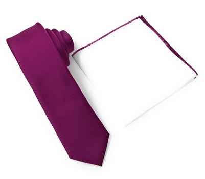 Corded Weave Solid Dark Magenta Color Skinny Tie With A White Pocket Square With Dark Magenta Colored Trim CWSKT-158A