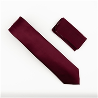 Burgundy Satin Finish Silk Necktie with Matching Pocket Square SWTH-204