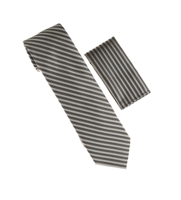 Gray and Black Striped Necktie Set with Matching Pocket Square LTD-BB5