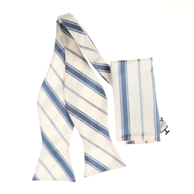 Off White & Blue Regal Silk Self-Tie Bow Tie Set Including Hanky SBWTH-424