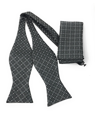 Charcoal Grey & Silver Diamond Squares Self-Tie Bow Tie Sage-Green Micro-Grid Pre-Tied Bow Tie with Matching Pocket Square SBWTH-455