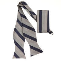 Navy, Grey & Silver Striped Self - Tied Bow Tie with Matching Pocket Square  SBWTH-902