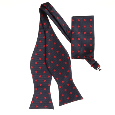 Navy with Red Polka Dot Designed Self-Tied Bow Tie with Matching Pocket Square  SBWTH-934