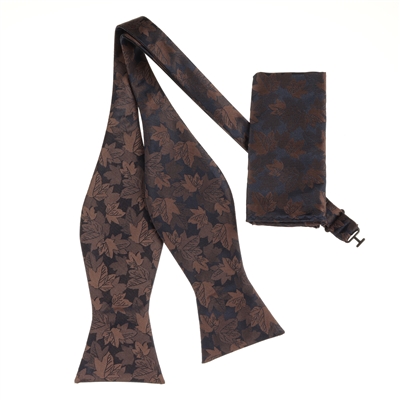 Navy & Brown Leaf Designed Necktie Self Tie with Matching Pocket Square  SBWTH-953