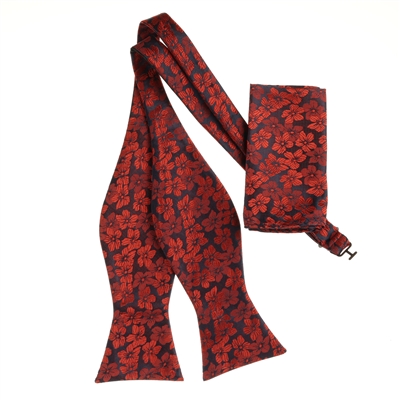 Navy & Burgundy Floral Designed Self Tie with Matching Pocket Square  SBWTH-955