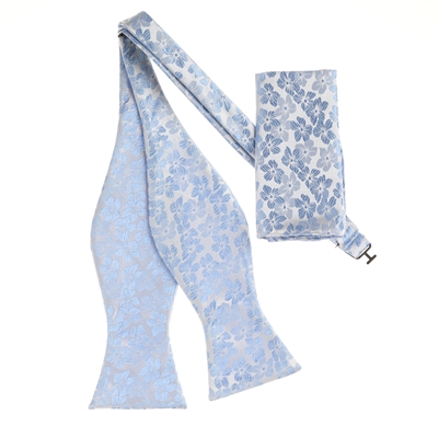 Silver & Light Blue Floral Designed Self Tie with Matching Pocket Square SBWTH-958