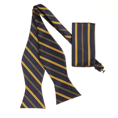 Navy with Gold Striped Designed Self - Tied Bow Tie with Matching Pocket Square SBWTH-973