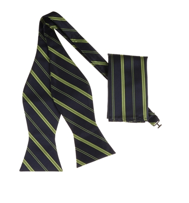 Navy with Lime Green Striped Designed Self-Tied Bow Tie with Matching Pocket Square SBWTH-974