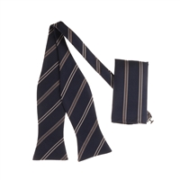 Navy with Brown & Silver Stripe Designed Self-Tied Bow Tie with Matching Pocket Square SBWTH-991
