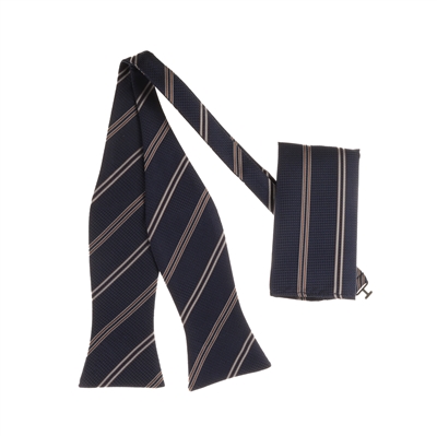Navy with Brown & Silver Stripe Designed Self-Tied Bow Tie with Matching Pocket Square SBWTH-991