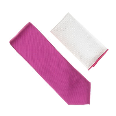 Red Violet Color Tie With A White Pocket Square With Red Violet Colored Trim SWTH-157A