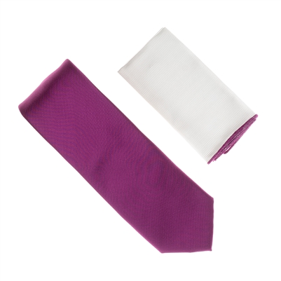 Dark Magenta Color Tie With A White Pocket Square With Dark Magenta Colored Trim SWTH-158A