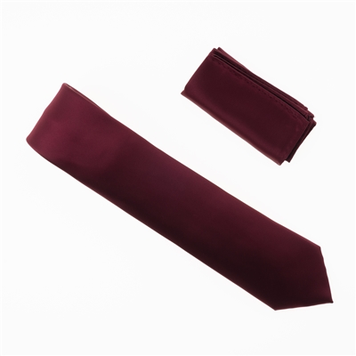 Wine Satin Finish Silk Necktie with Matching Pocket Square SWTH-238