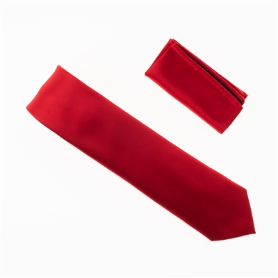 Scarlet Red Satin Finish Silk Necktie with Matching Pocket Square SWTH-241
