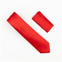 Red Satin Finish Silk Extra Long Necktie with Matching Pocket Square SWTHXL-202