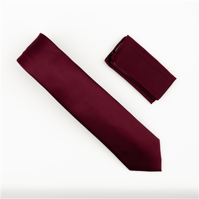 Burgundy Satin Finish Silk Extra Long Necktie with Matching Pocket Square SWTHXL-204