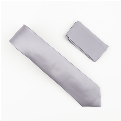Silver Satin Finish Silk Extra Long Necktie with Matching Pocket Square SWTHXL-205