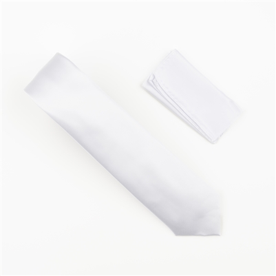 White Satin Finish Silk Extra Long Necktie with Matching Pocket Square SWTHXL-206