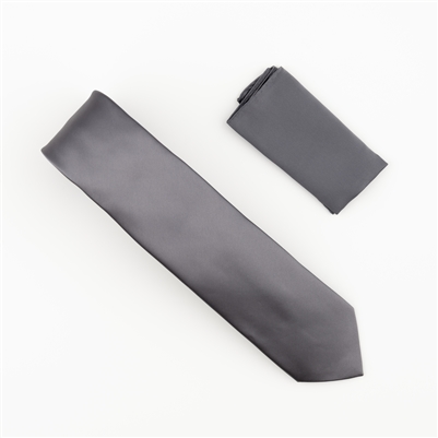 Grey Satin Finish Silk Extra Long Necktie with Matching Pocket Square SWTHXL-209