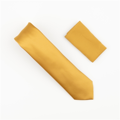 Gold Satin Finish Silk Extra Long Necktie with Matching Pocket Square SWTHXL-210