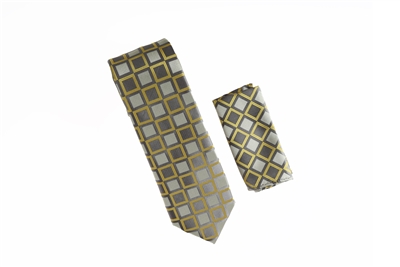 Metallic Sage, Light Sage and Bright Yellow Square Designed Tie with Matching Pocket SquareWTH-840