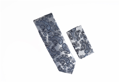 Silver With Baby Blue and Navy Paisley Designed Tie with Matching Pocket Square WTH-849