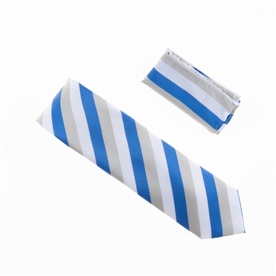 Baby Blue, Silver & White Striped Necktie With Matching Pocket Square WTH-900