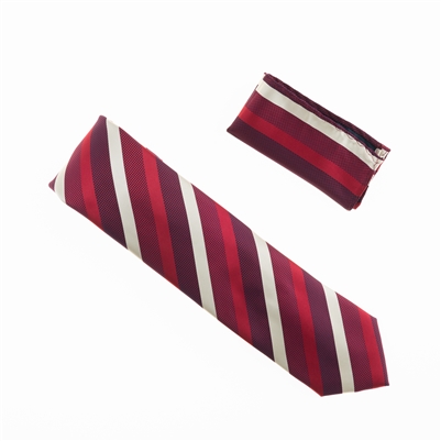 Burgundy, Red, Maroon and Tan Striped Designed Necktie With Matching Pocket Square WTH-929