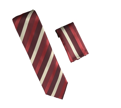 Burgundy, Red, Maroon and Tan Striped Designed Necktie With Matching Pocket Square WTH-929