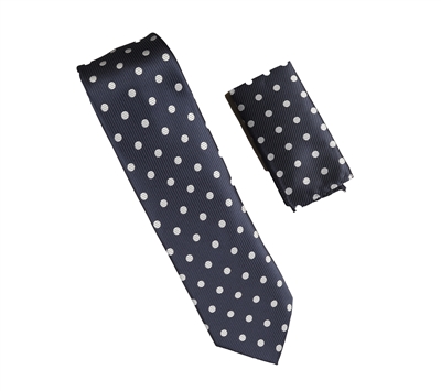 Navy with Grey Polka Dot Designed Necktie With Matching Pocket Square WTH-935