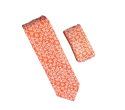 Orange with Silver Petals Designed Necktie With Matching Pocket Square WTH-947
