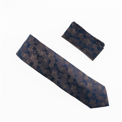 Navy, Champagne Toast & Tan Leaf Designed Necktie With Matching Pocket Square WTH-952