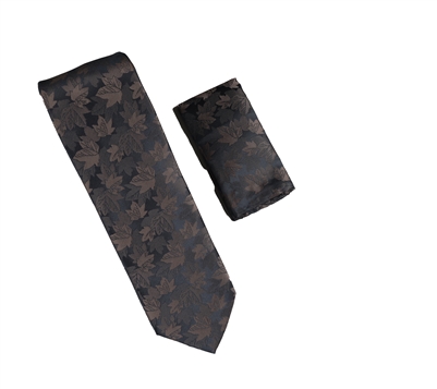 Navy, Champagne Toast & Tan Leaf Designed Necktie With Matching Pocket Square WTH-952