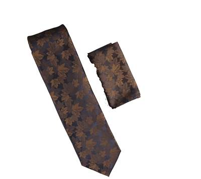 Navy & Brown Leaf Designed Necktie With Matching Pocket Square WTH-953