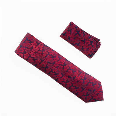 Navy & Red Floral Designed Necktie With Matching Pocket Square WTH-954