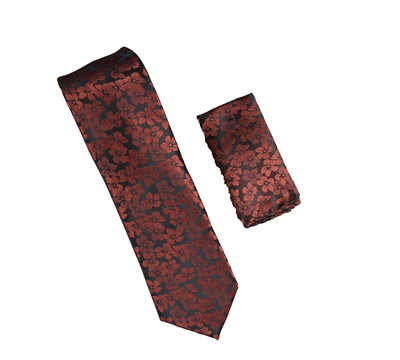 Navy & Burgundy Floral Designed Necktie With Matching Pocket Square WTH-955