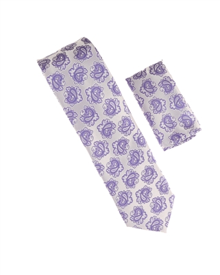 Silver & Lavender Paisley Designed Necktie With Matching Pocket Square WTH-970