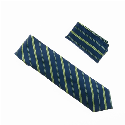 Navy with Lime Green Striped Designed Necktie With Matching Pocket Square WTH-974