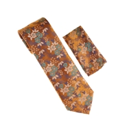 Mustard, Purple & Dark Turquoise Flower and Leaf Designed Tie with Matching Pocket Square WTH-A204