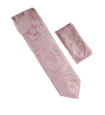 Blush & Dark Pink Flower & Leaf Designed Necktie Tie with Matching Pocket Square WTH-A207