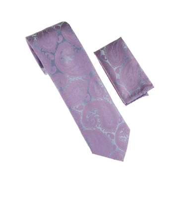 Purple and Steel Blue Flower & Leaf Designed Necktie Tie with Matching Pocket Square WTH-A209